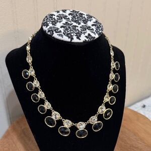 Vintage Gold Tone Necklace with Clear Rhinestones and Black Beads 18" Adjustable